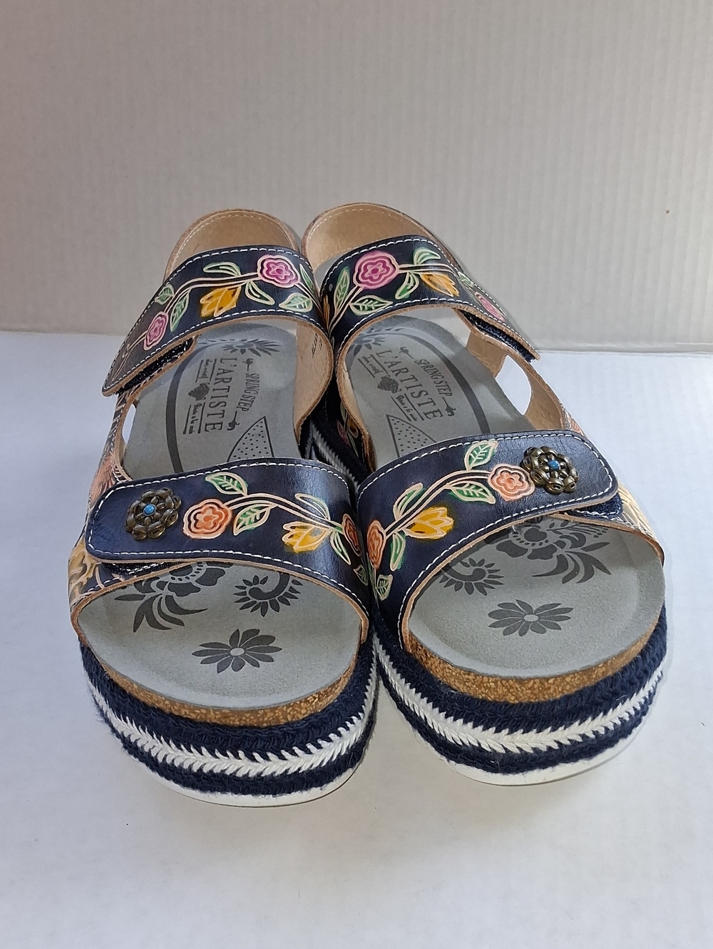 Spring Step Alannah Navy Floral Embroidered Platform Sandals Size EU 39/US 9